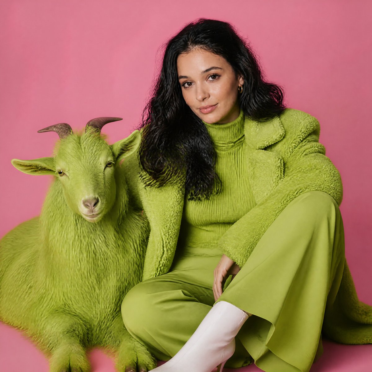 Pink Fur Studio Fashion Portrait With Cow — AI result, variation 2 of 2