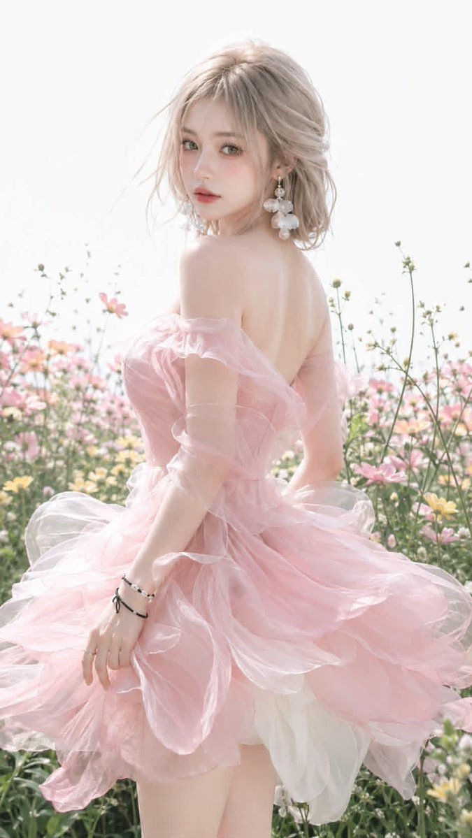 A young woman glances back over her shoulder in a pale pink off-shoulder dress whose layered organza ruffles flare outward like an oversized blooming flower.…