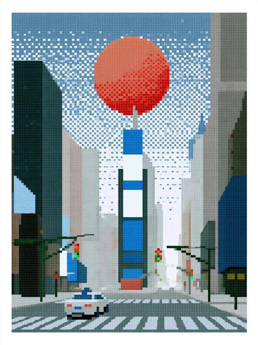 A pixel-art city view built from small, chunky squares, with a warm retro glow and a quiet, lived-in urban mood. The look comes from the grid texture and a…
