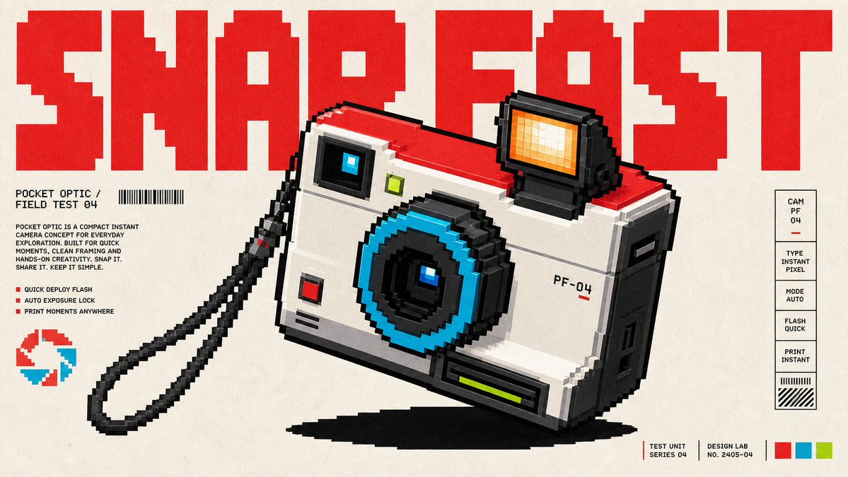 A horizontal poster in chunky pixel art shows a single device floating above a hard black shadow on warm, aged paper. A bold pixel-font headline runs across…