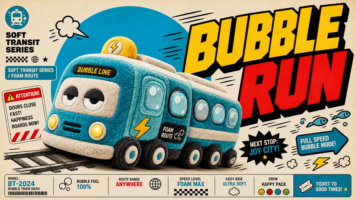 A soft, fuzzy plush product sits on a cream poster with a bold cyan circle behind it and a tilted comic headline. Sticker labels, doodle arrows and footer…