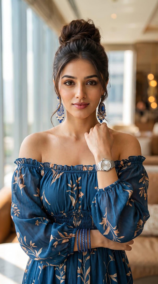A calm, sunlit editorial portrait of a poised woman in a deep blue off-shoulder dress with botanical prints. Soft daylight and a shallow focus give the picture…