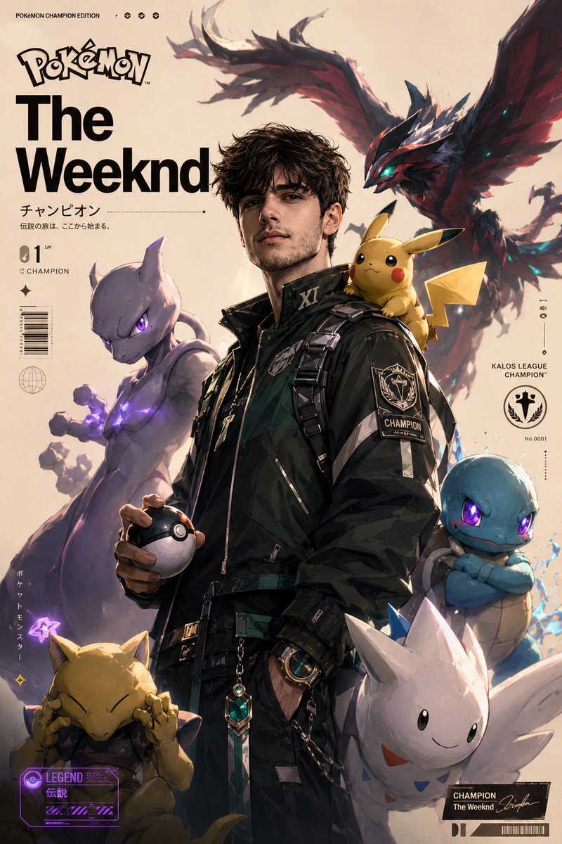 A vertical poster of a trainer in a dark green tactical jacket, holding a Poké Ball on a cream background with legendary Pokémon around him. The look sits…