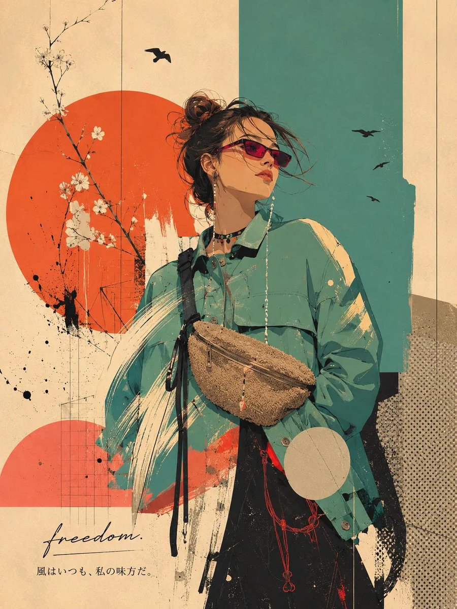 A figure rendered in flat, hand-drawn color fields with bold geometric shapes and symbolic fashion, where the person becomes the brand. The poster reads like…
