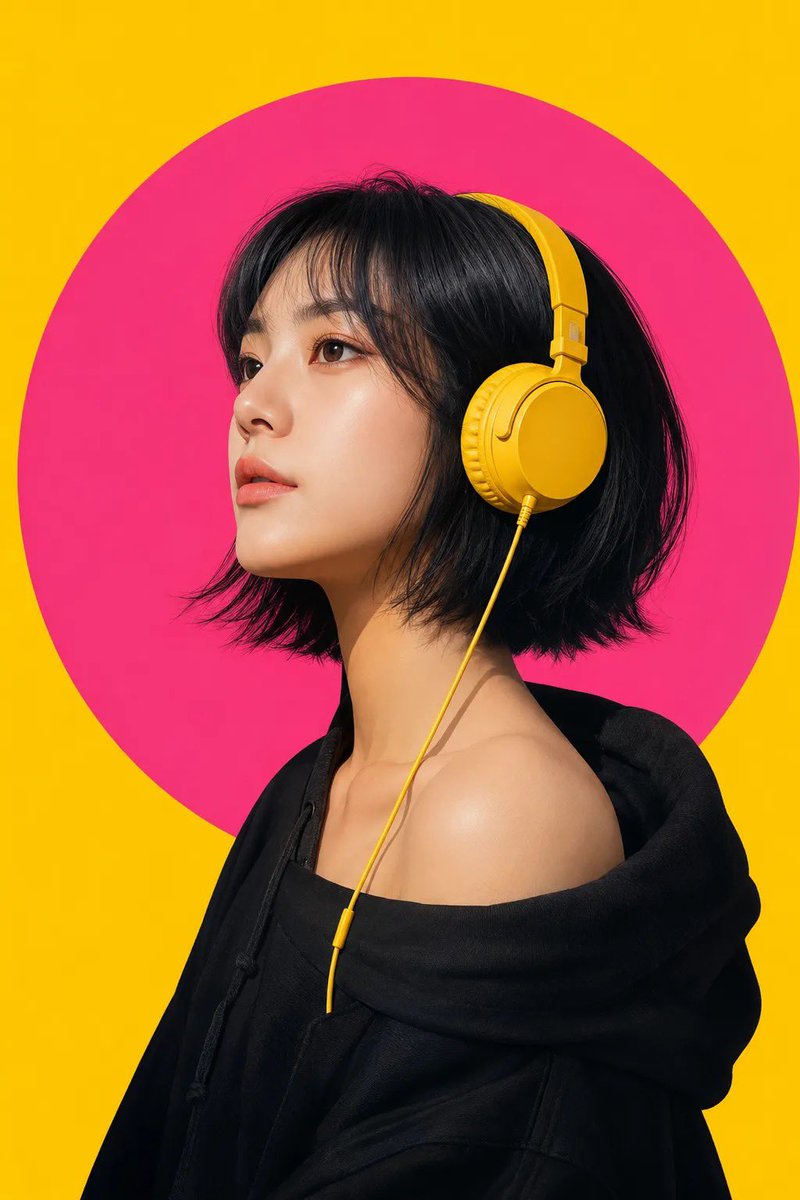 A calm left-profile woman in yellow headphones and a black oversized hoodie sits against a solid yellow canvas with a hot-pink circle behind her head. The…
