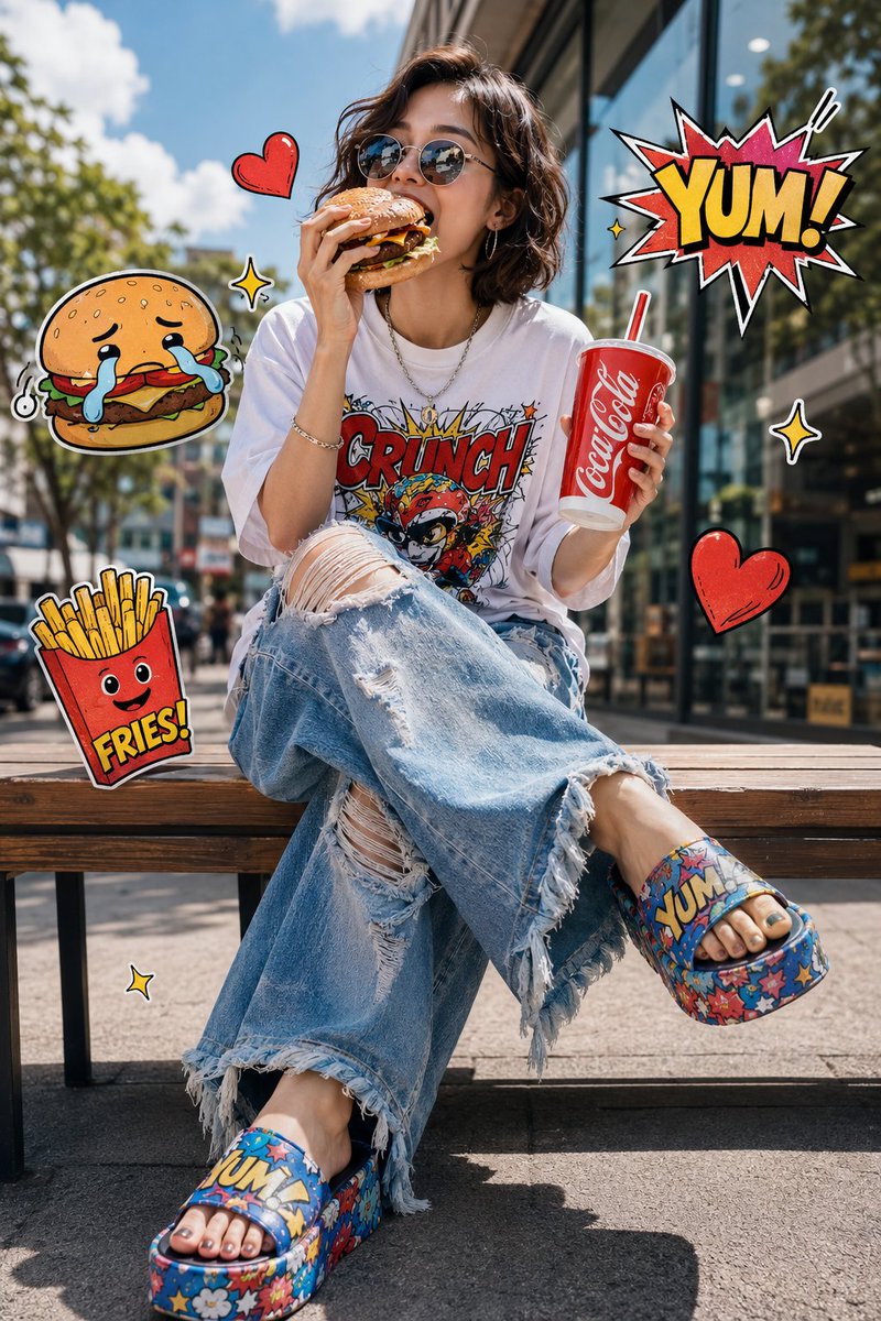 Pop-Art Sticker Street Portrait with Fast Food — AI result, variation 2 of 3