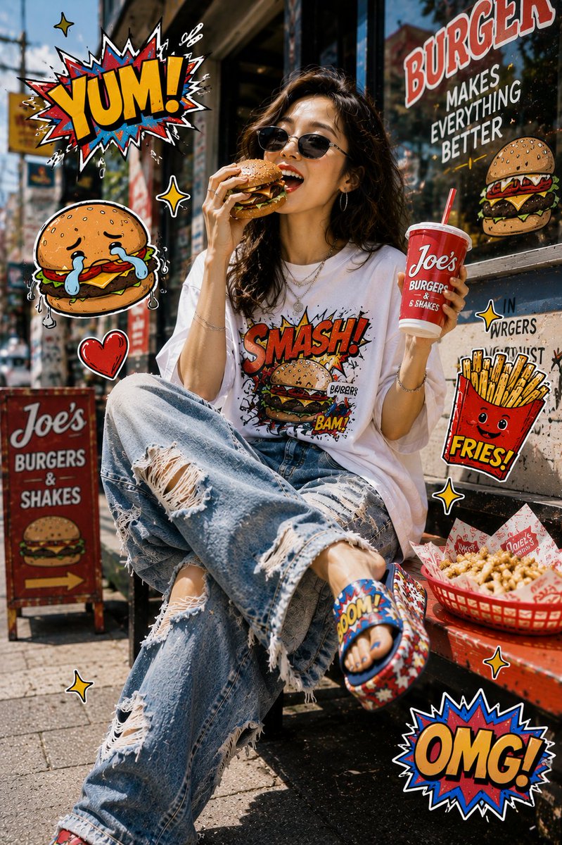 Pop-Art Sticker Street Portrait with Fast Food — AI result, variation 3 of 3