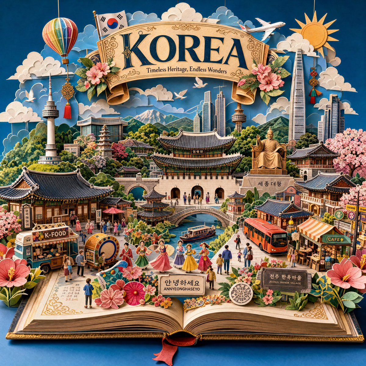 A destination rises from an open vintage book as a layered paper diorama, with landmarks, tiny tourists, paper clouds and a title banner. The shallow shadows…