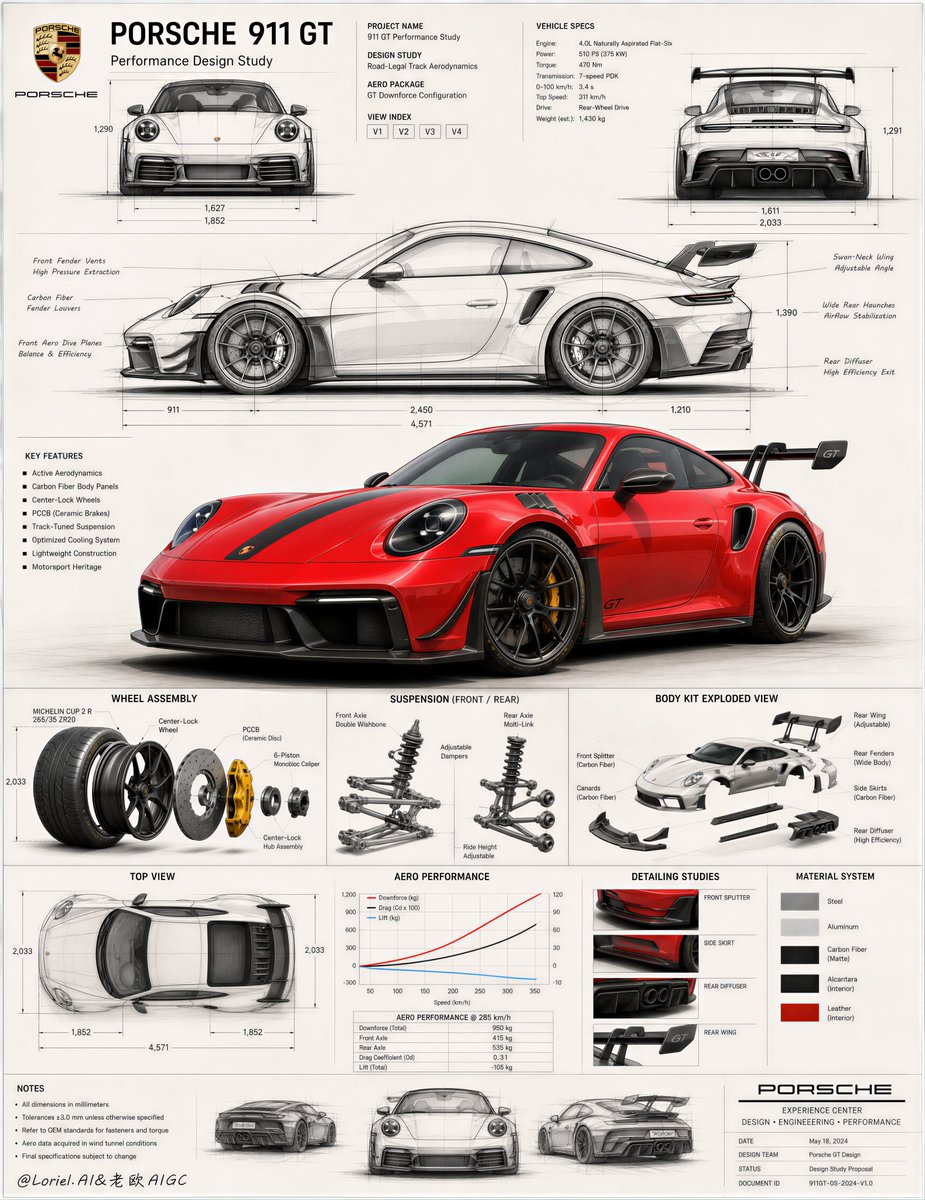 A tall technical sheet built around a photoreal Guards Red hero render, with orthographic views, a side-profile drawing and exploded component panels. The…