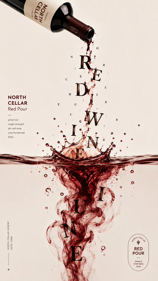 Letters spill from a tilted container, drift through open space and sink into a clear liquid, bending and blurring at the surface. The effect reads as a…