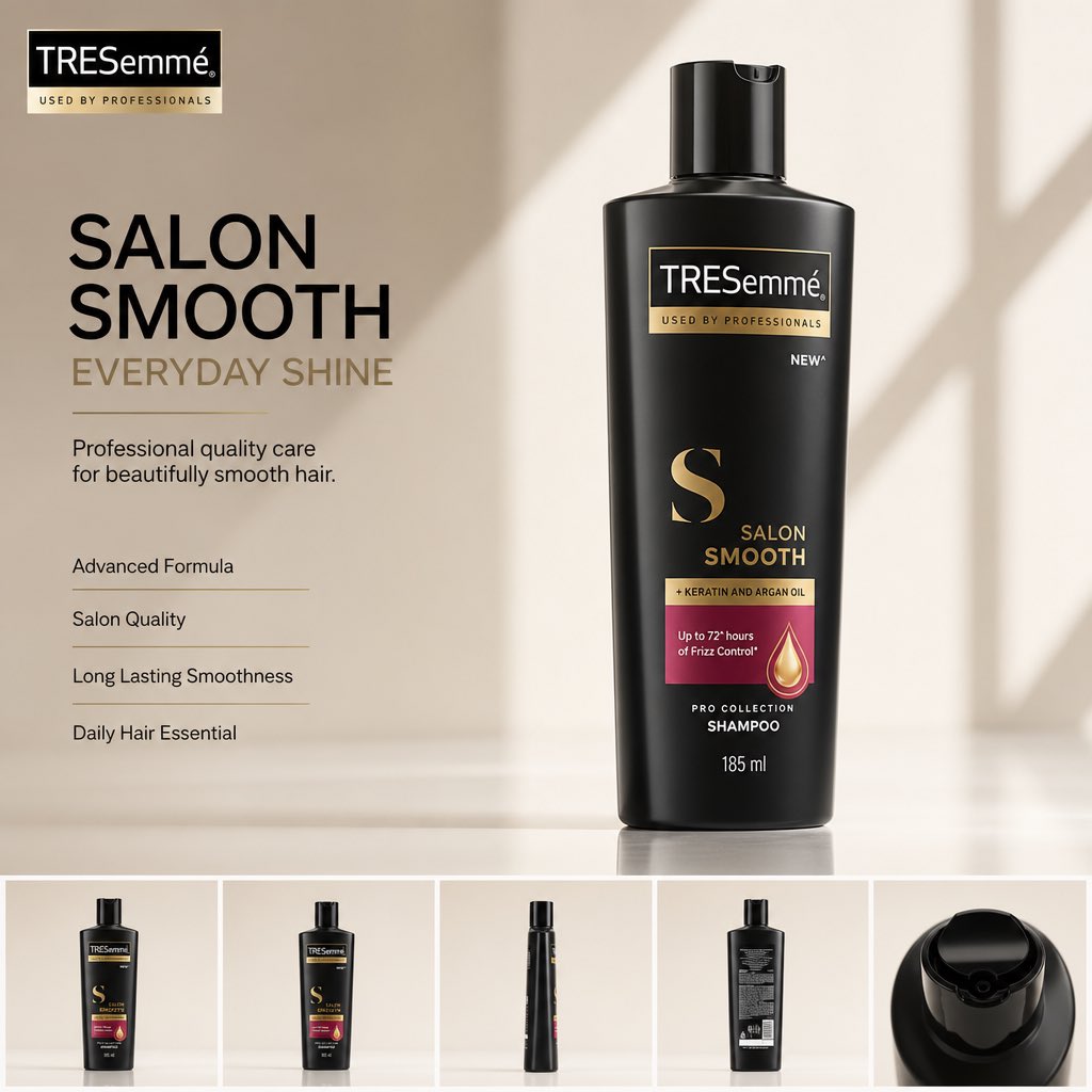 A minimal luxury studio layout built around your uploaded product image. The product sits large as the hero with its own logo, a bold headline, and a bottom…