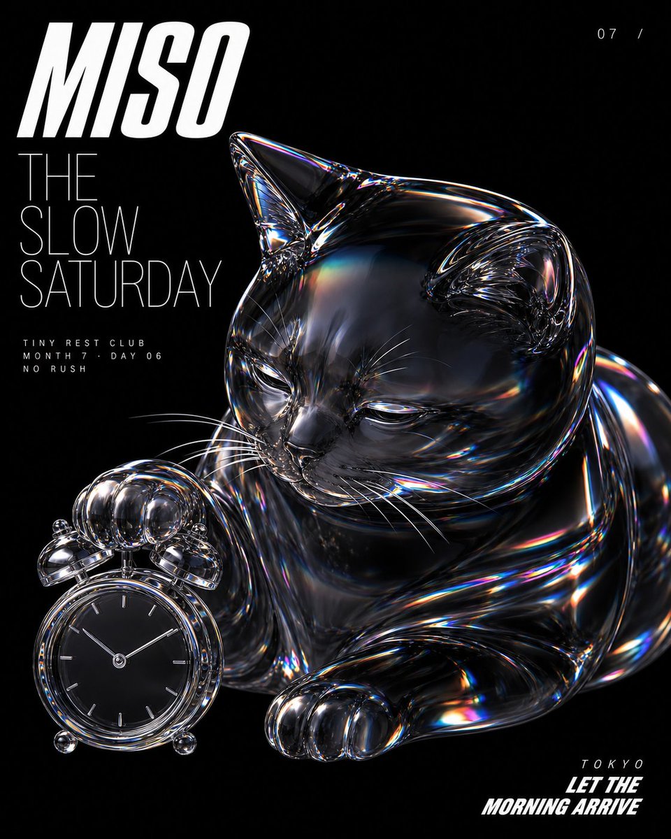 A small cat rendered in transparent, prismatic blown glass sits on pure black like a fashion-issue cover. Rainbow light breaks along its edges while one real…
