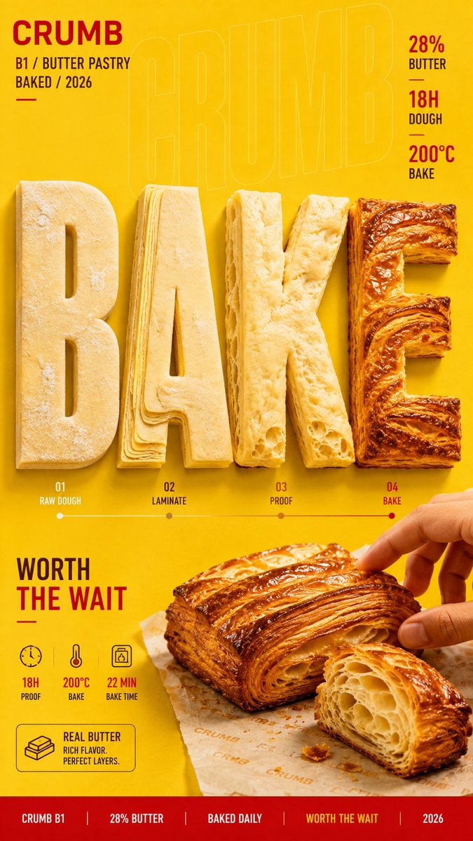 A tall editorial campaign poster where one oversized word moves through each stage of making, from raw material to finished product. Texture, color and volume…