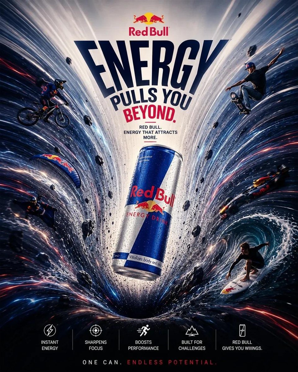 A floating hero product sits at the center of a 4:5 poster while objects, light and type curve into orbit around it. The product stays sharp and dominant, and…