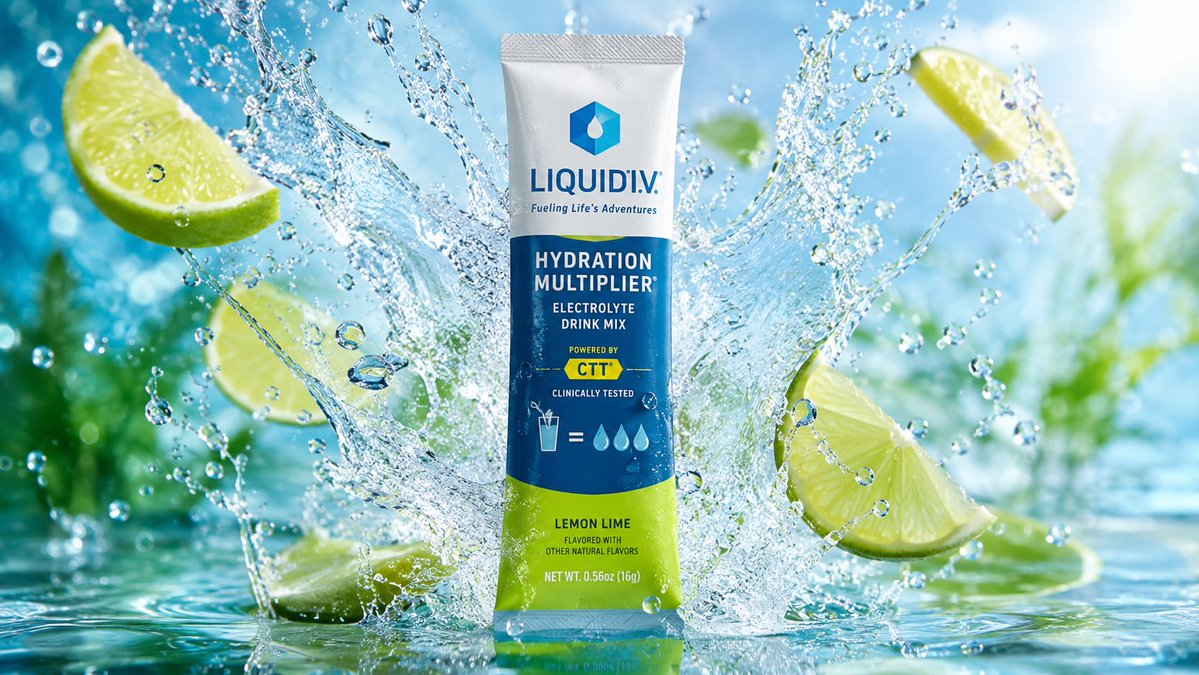 A premium widescreen product ad where the surrounding scene acts out the product's promise, such as water splashing or light splitting, while the logo stays…