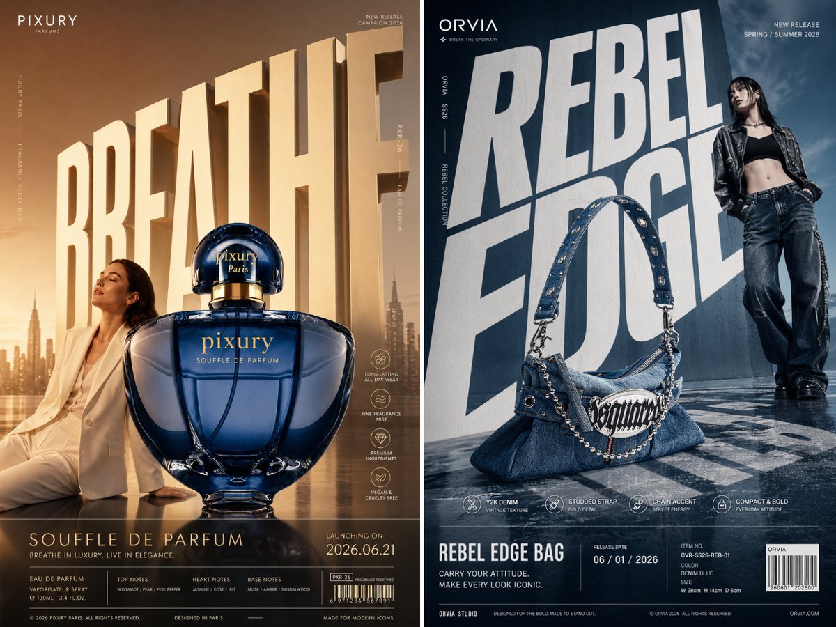 A vertical-style campaign key visual where an oversized bold headline becomes part of the scene, with the hero product sharp in the foreground. A full poster…