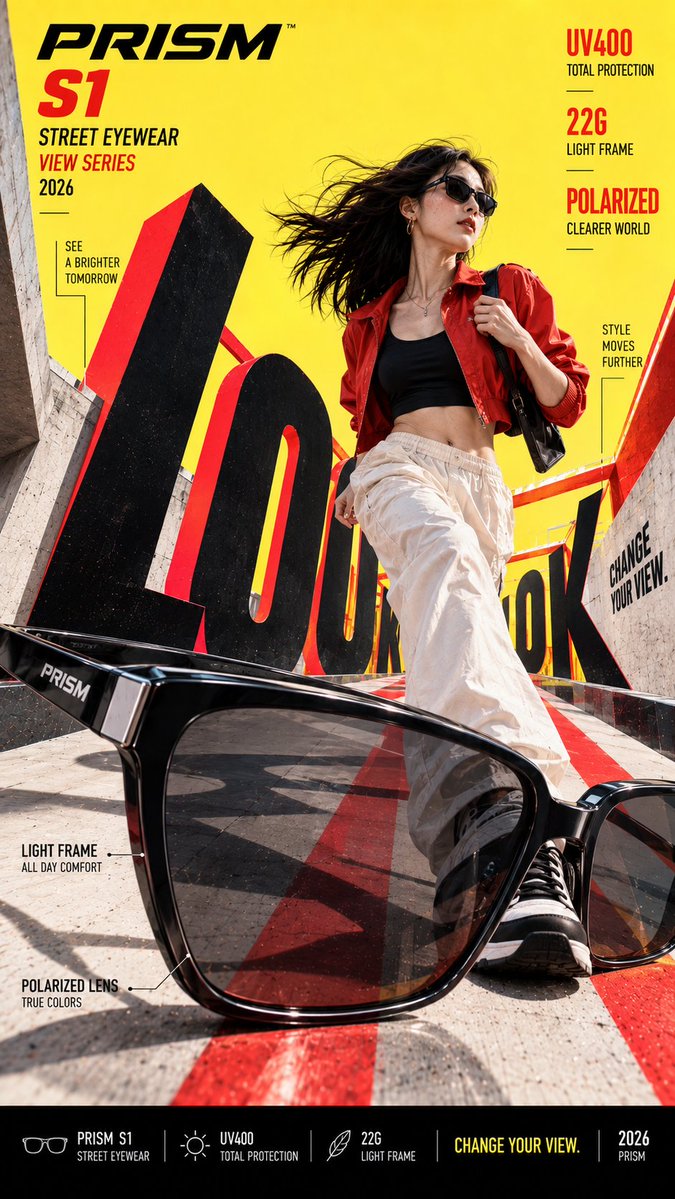 A bold 9:16 campaign key visual where the product's own edges and frame set the vanishing point for the whole scene. Oversized lettering grows out of the same…