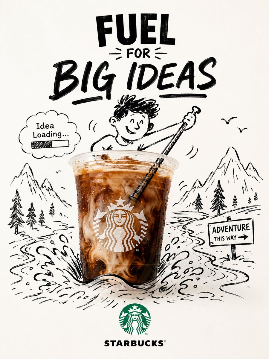 A real product photo sits at the center of a bright studio poster while hand-drawn black marker doodles spill past its edges. A small sketched character…