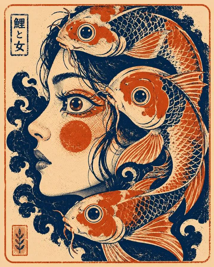 A profile of a face threaded through three stylized animals, drawn in flat bold shapes with visible halftone grain and slight color misregistration. The eyes…
