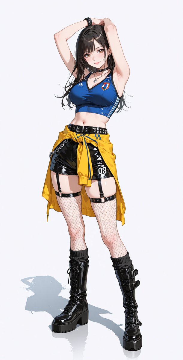 A full-length street look that mixes a navy cropped soccer jersey with red trim, black leather shorts, and fishnet stockings. Studded belts, garter straps, and…