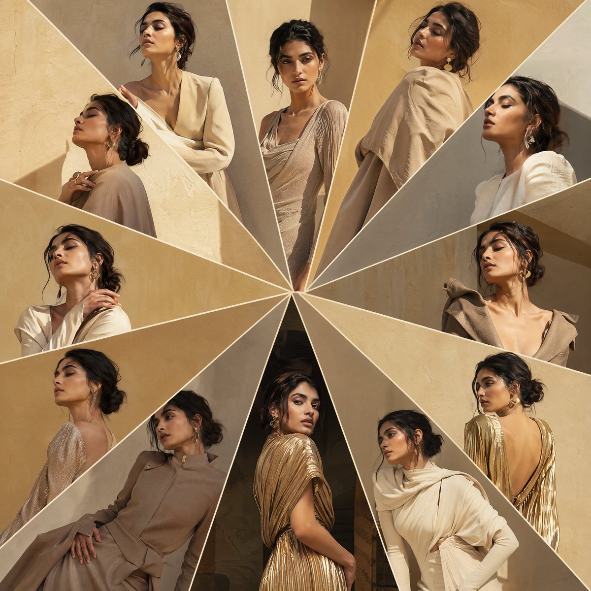 Portrait panels fan outward from a central point like the rays of a sunburst, with the same model posed differently in each one. Champagne, sand and taupe…