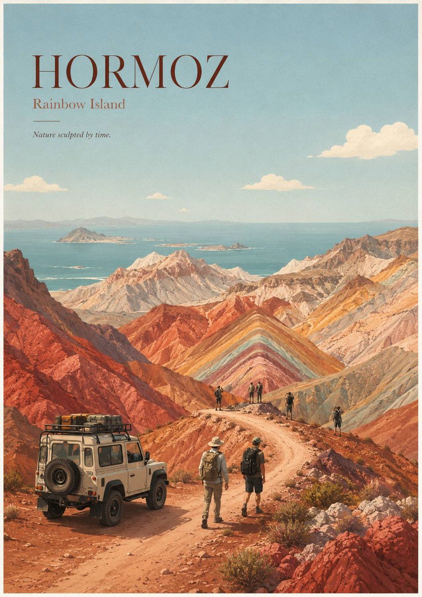 A vertical travel poster of a desert island's striped rock valley, drawn in soft pastel flat vector shapes with a winding trail, a parked off-road vehicle and…