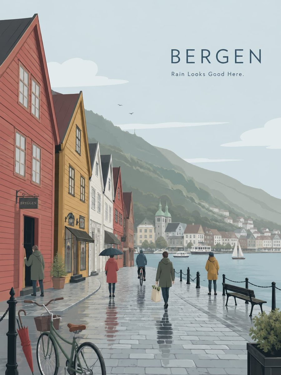 A minimalist flat-vector street scene of Bergen in soft rain, with colorful wooden Bryggen facades overlapping along a cobbled lane and a mountain silhouette…
