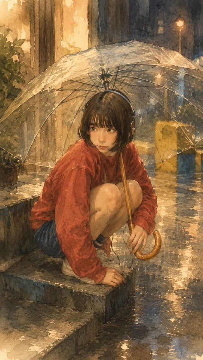 A quiet hand-drawn picture of a rainy street corner at dusk, with warm yellow light spilling onto wet pavement. Soft linework and paper grain give the scene…