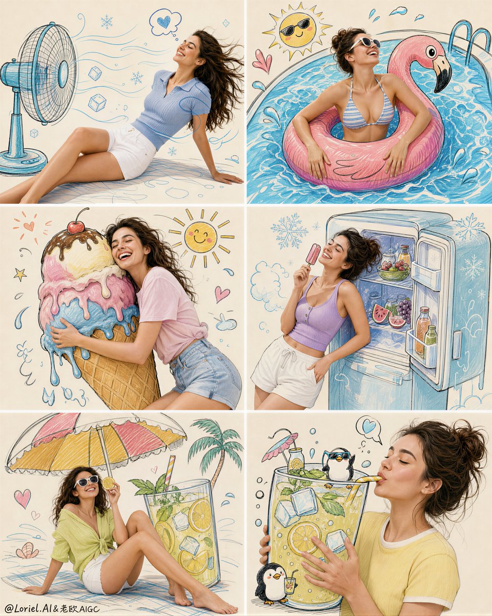 A six-panel grid where one photoreal woman lounges among hand-drawn fans, pools, ice cream and lemonade. The sketched props wrap around her body, so the real…