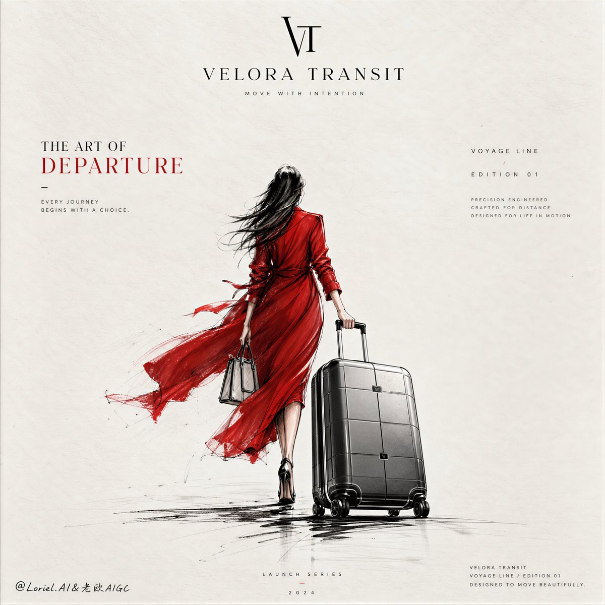 Rear-View Woman With Red Coat and Rolling Suitcase Poster — AI result, variation 2 of 2