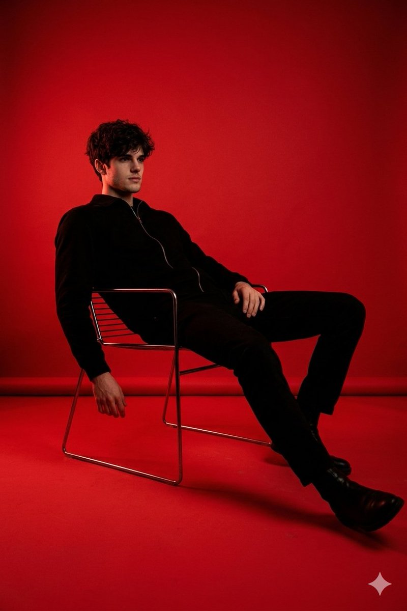 Reclined Red Studio Portrait in Black Outfit — AI result, variation 2 of 2