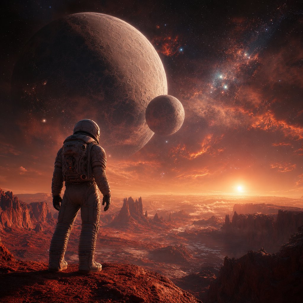 A small figure in a suit stands at the edge of a rust-red ridge while two enormous moons hang over a sky full of glowing nebula. The scale is the point: one…
