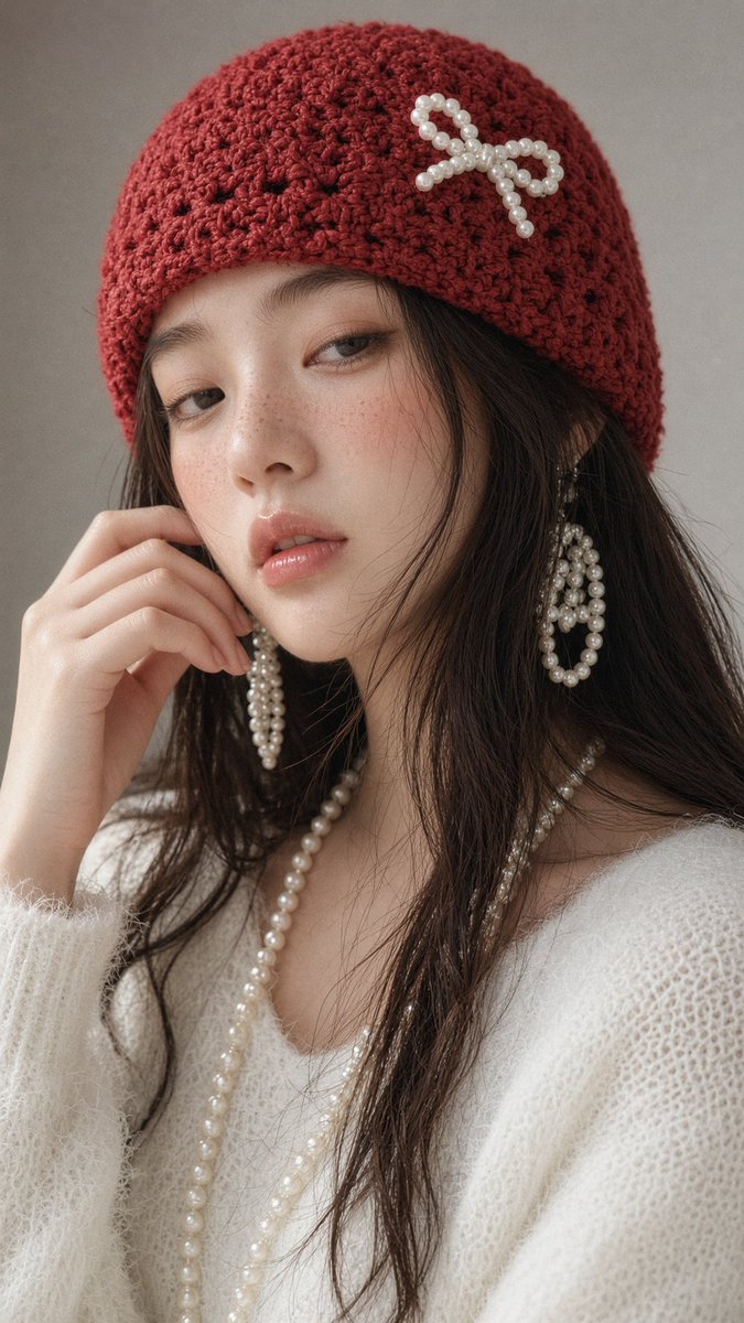 A soft close-up of a young idol in a chunky red beanie, pearl earrings and a fuzzy white sweater, with freckles, peach blush and a dreamy gaze. The film grain…