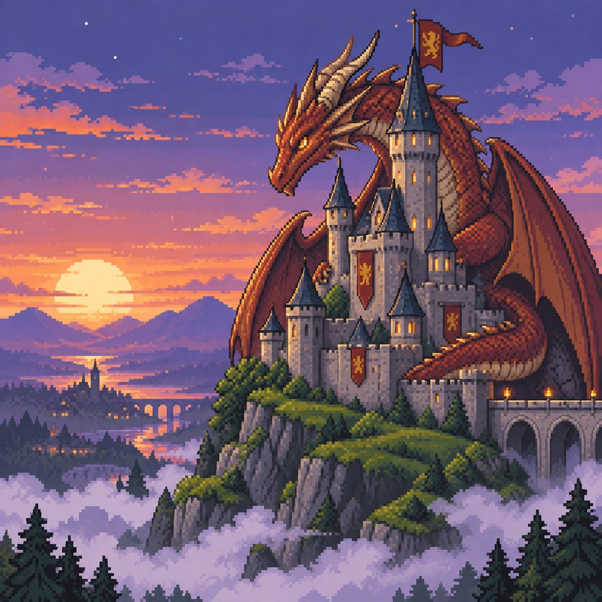 A red dragon wraps its body around the tower of a castle perched on a hill, with the creature and the stone keep sharing the frame. The contrast of scaled red…