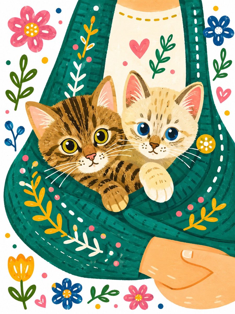 Red-Haired Girl with Kitten Folk Illustration — AI result, variation 2 of 3