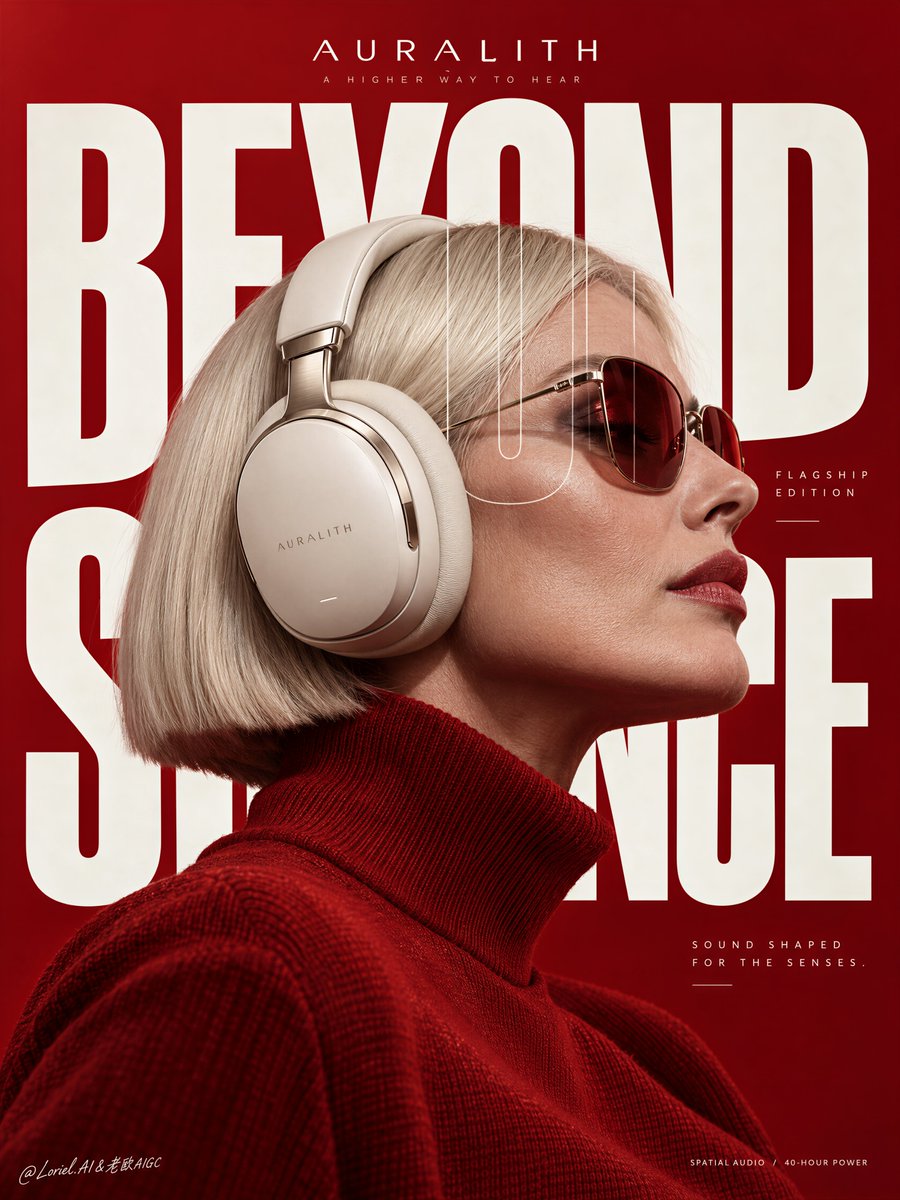 A saturated red poster built around a pearl-ivory over-ear headphone set, worn by a mature side-profile model whose blunt platinum bob meets giant white…