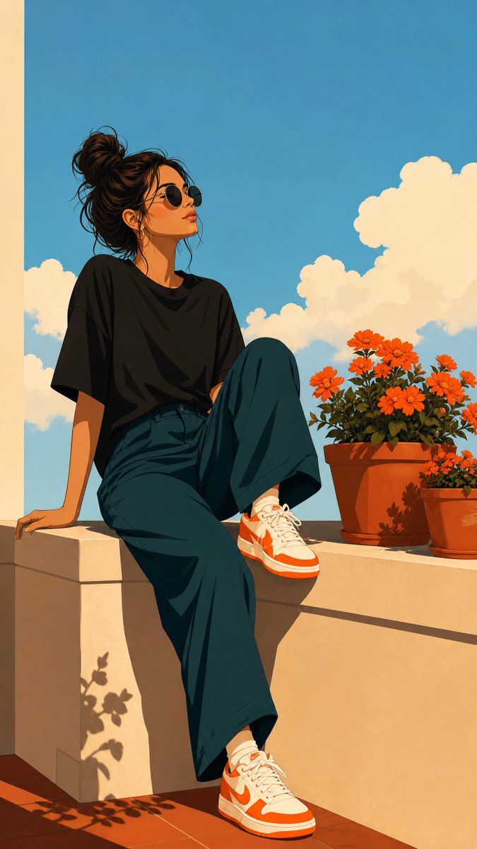 A calm flat-color scene of a woman perched on a balcony wall beside orange flowering pots, with a soft blue sky and crisp warm shadows. The palette of black…