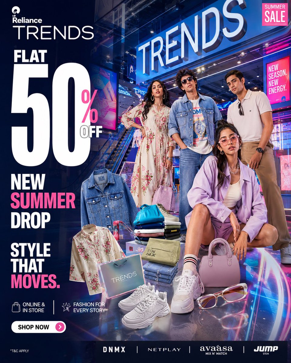 A bold 4:5 sale poster that splits oversized promo type on the left from four Gen-Z models on the right, with folded tees, sneakers and bags floating in the…