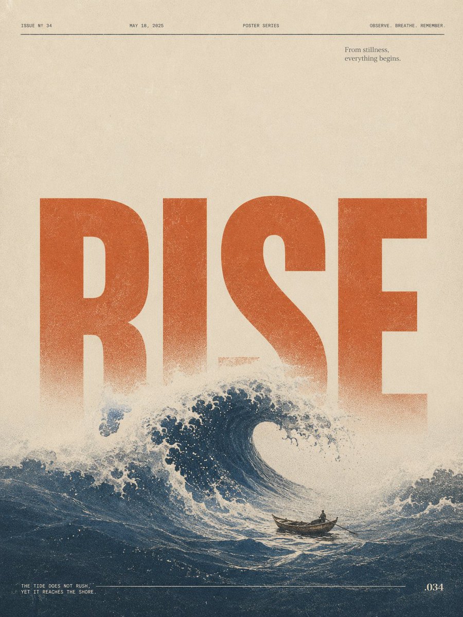 A quiet museum-style poster with a huge uppercase word dominating cream paper, a tiny figure anchoring the scene below, and faded 1970s print texture. The…
