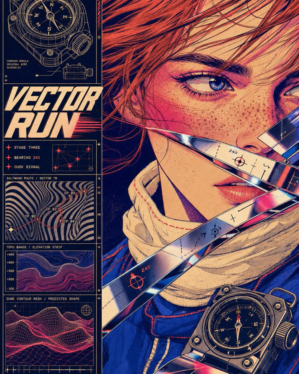 A portrait cropped at the edge and split into posterized color zones, with liquid chrome breaking through a technical sidebar of grids and diagrams. Coarse…