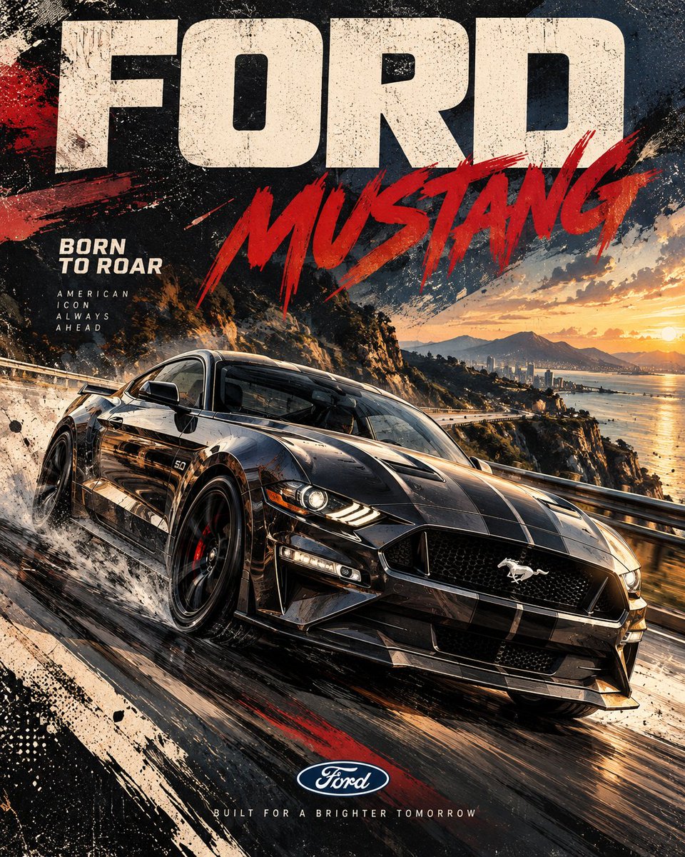 A low, aggressive view of a car tearing through a landscape, rendered with brush strokes, screen-print grain and bold headline type. The motion trails and…