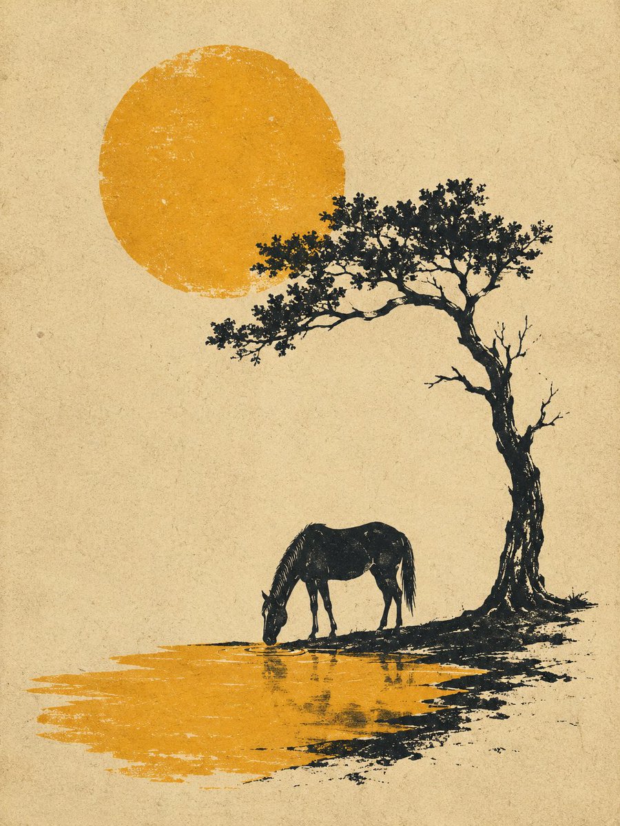 Retro Woodcut Silhouette With Yellow Sun Print — AI result, variation 2 of 4