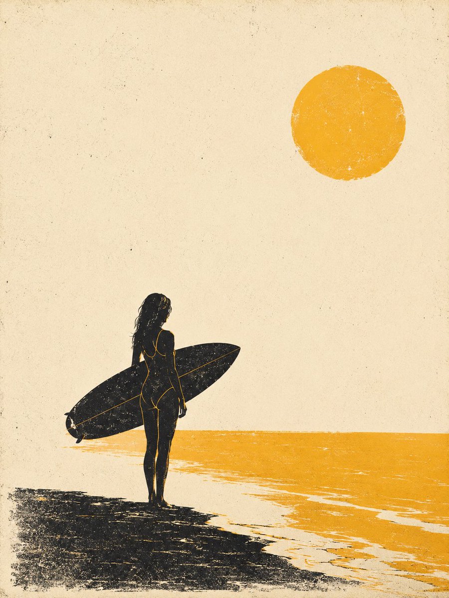 Retro Woodcut Silhouette With Yellow Sun Print — AI result, variation 4 of 4