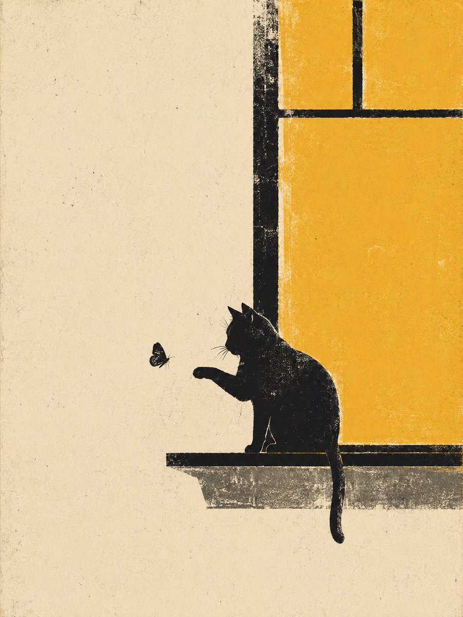 A single black silhouette sits in a field of cream paper, with one bold warm-yellow shape doing the work of a sun or moon. The rough grain and slightly uneven…