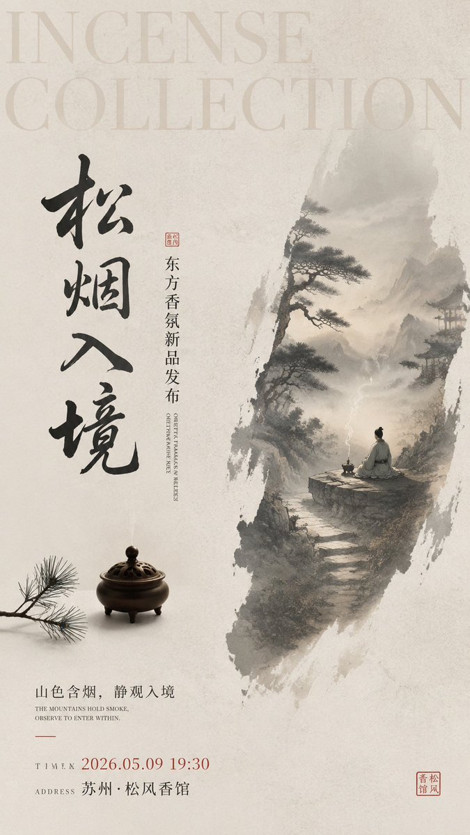 A quiet vertical poster on warm rice-white paper, with a large light gray-brown English title behind a vertical Chinese headline. A cropped ink landscape and…