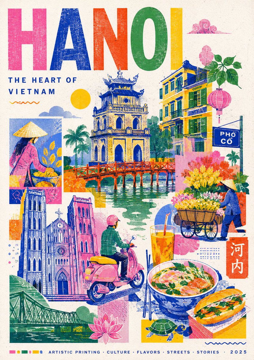 A bold travel poster built from flat vector shapes, translucent fluorescent overlaps and grainy halftone texture on white paper. Landmarks, food and markets…
