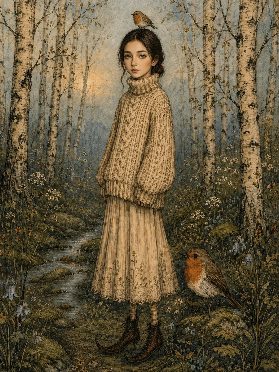 Robin on Head Knit Sweater Forest Illustration — AI result, variation 2 of 2
