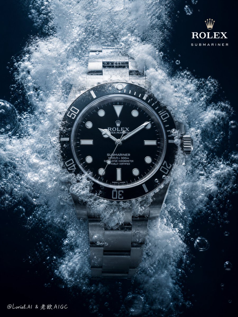 A Rolex Submariner centred in a dense cloud of white underwater foam and microbubbles, frozen at the instant of a pressure burst. The steel stays sharp while…