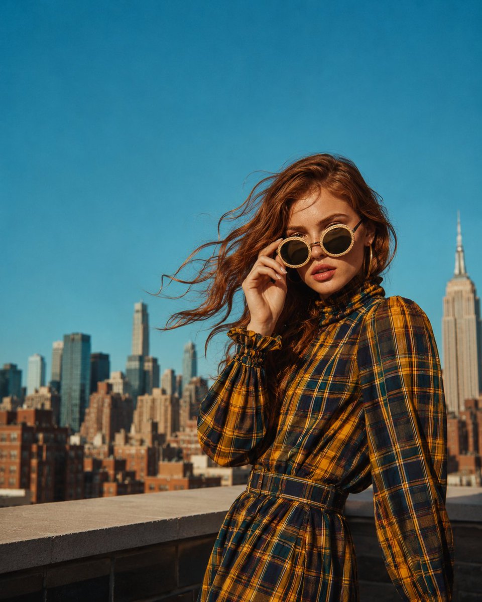 A woman in a bold yellow and teal plaid turtleneck dress stands on a city rooftop with the skyline behind her. Warm late light and a clean blue sky give the…