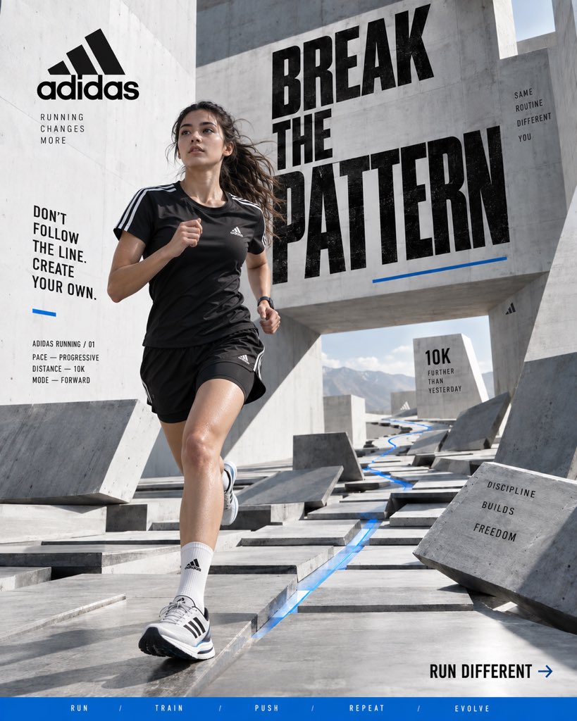 A female runner mid-stride crosses a white concrete training space where the floor panels rise and rearrange around her. Bold condensed type and a thin blue…